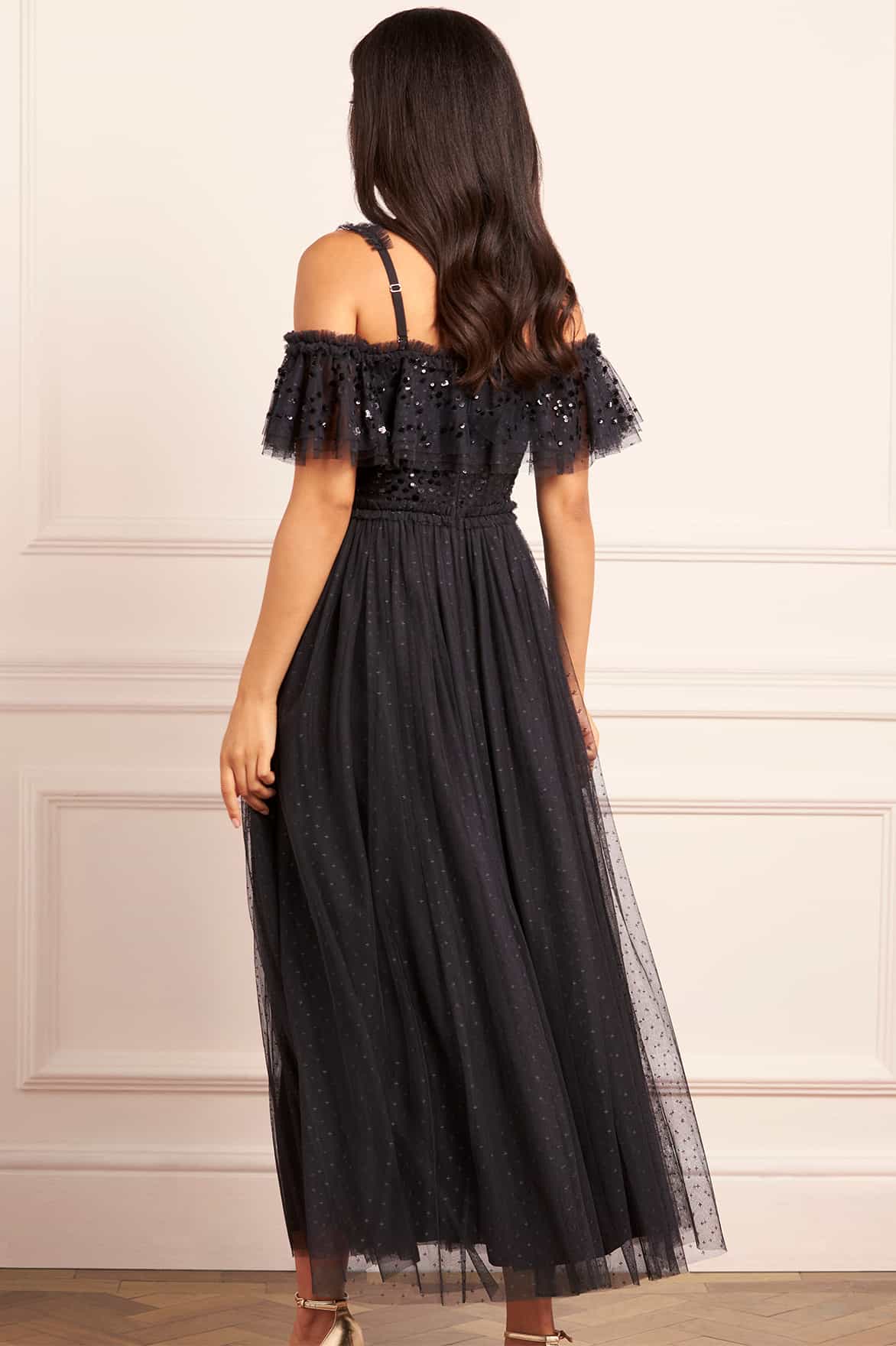 Dappled Sequin Bodice Off-Shoulder Ankle Gown - Image 4