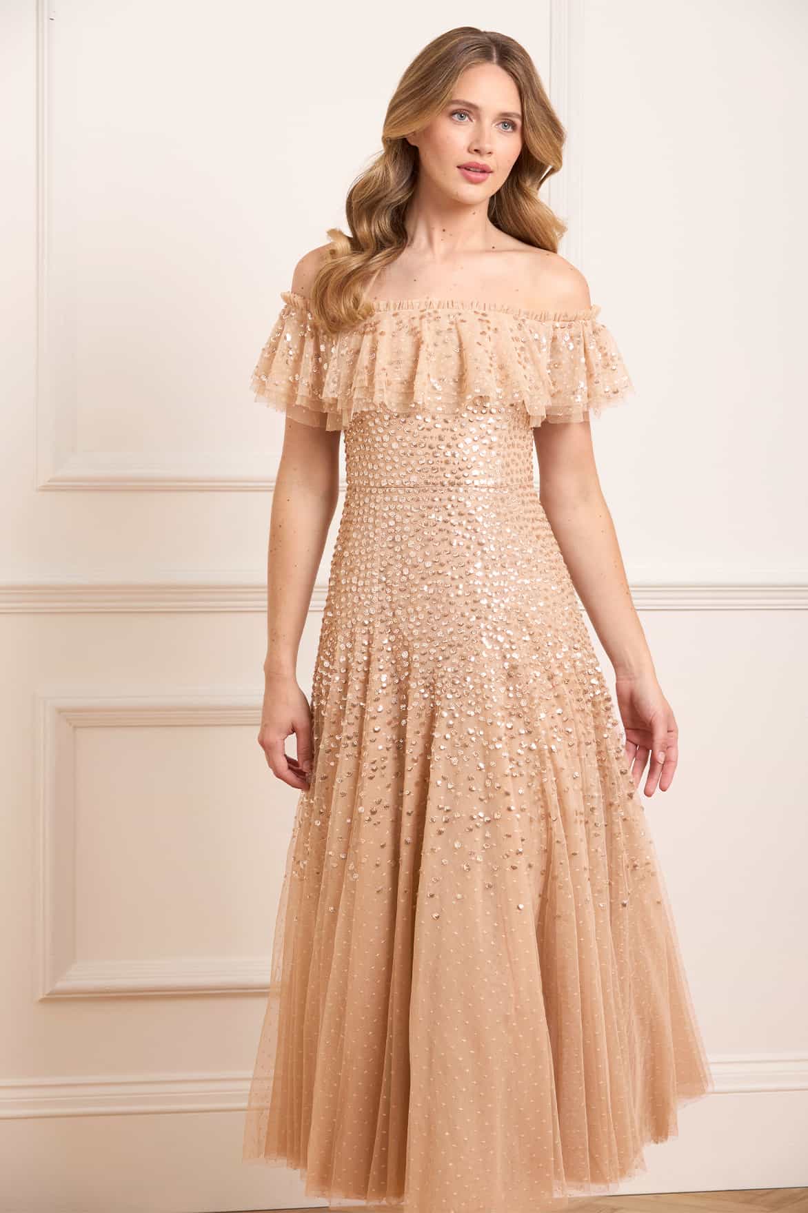 Dappled Sequin Off-Shoulder Ankle Gown - Image 2