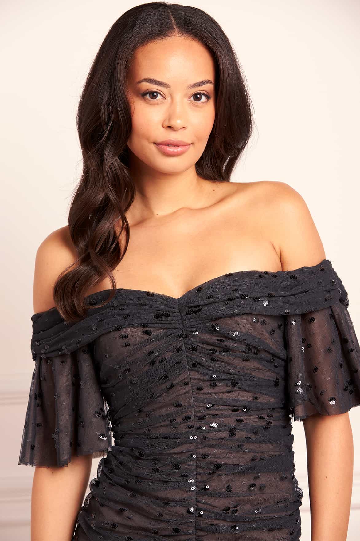 Dappled Sequin Rouched Off-Shoulder Gown - Image 3