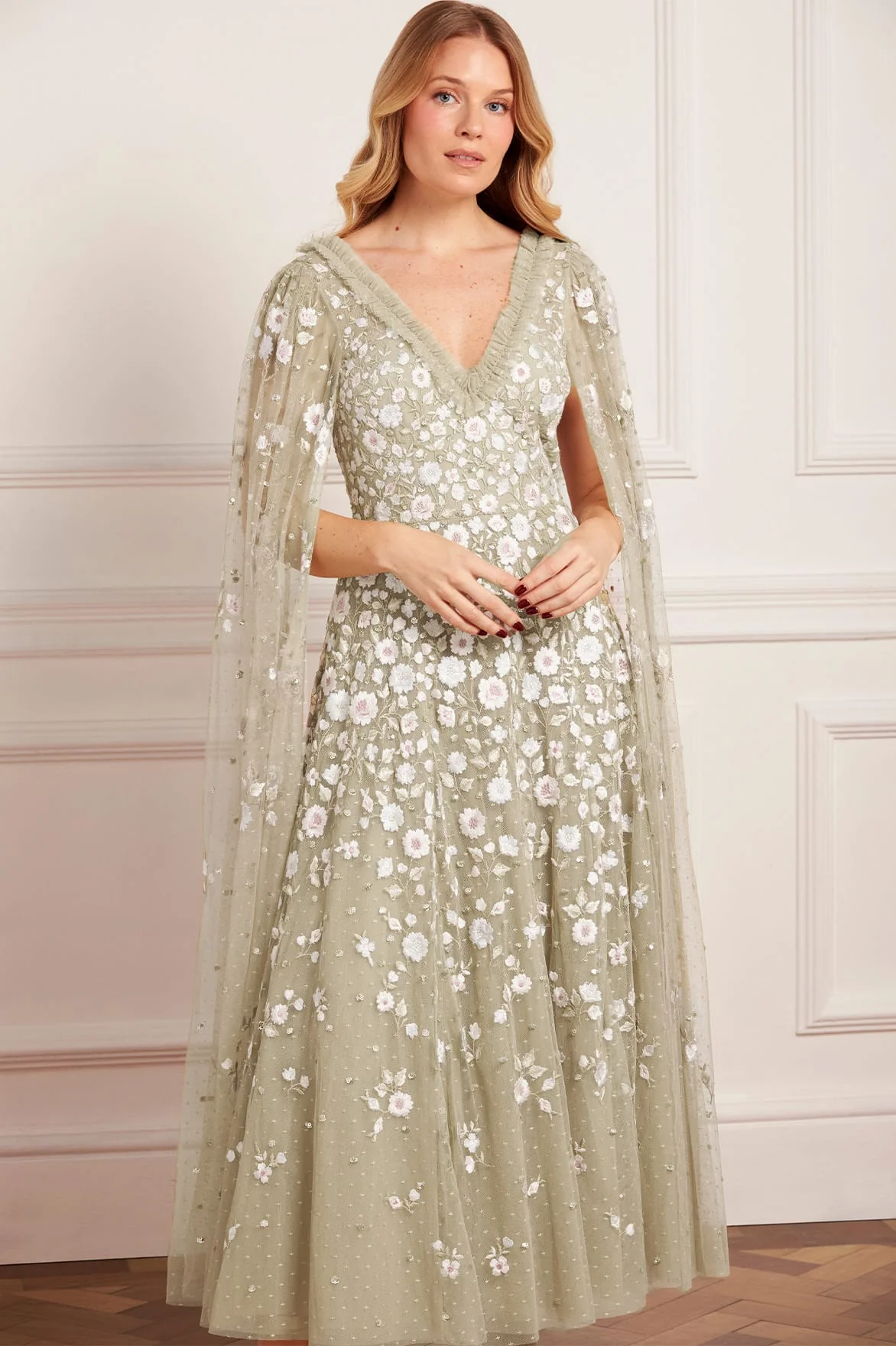 Ethereal Blooms Cape Sleeve Ankle Gown - Image 3