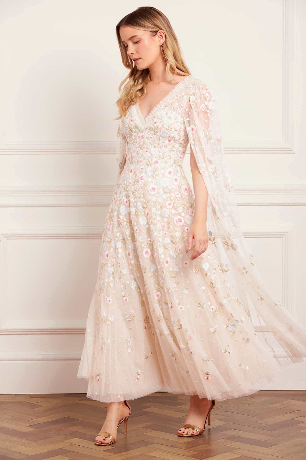 Ethereal Blooms Cape Sleeve Ankle Gown - Image 3