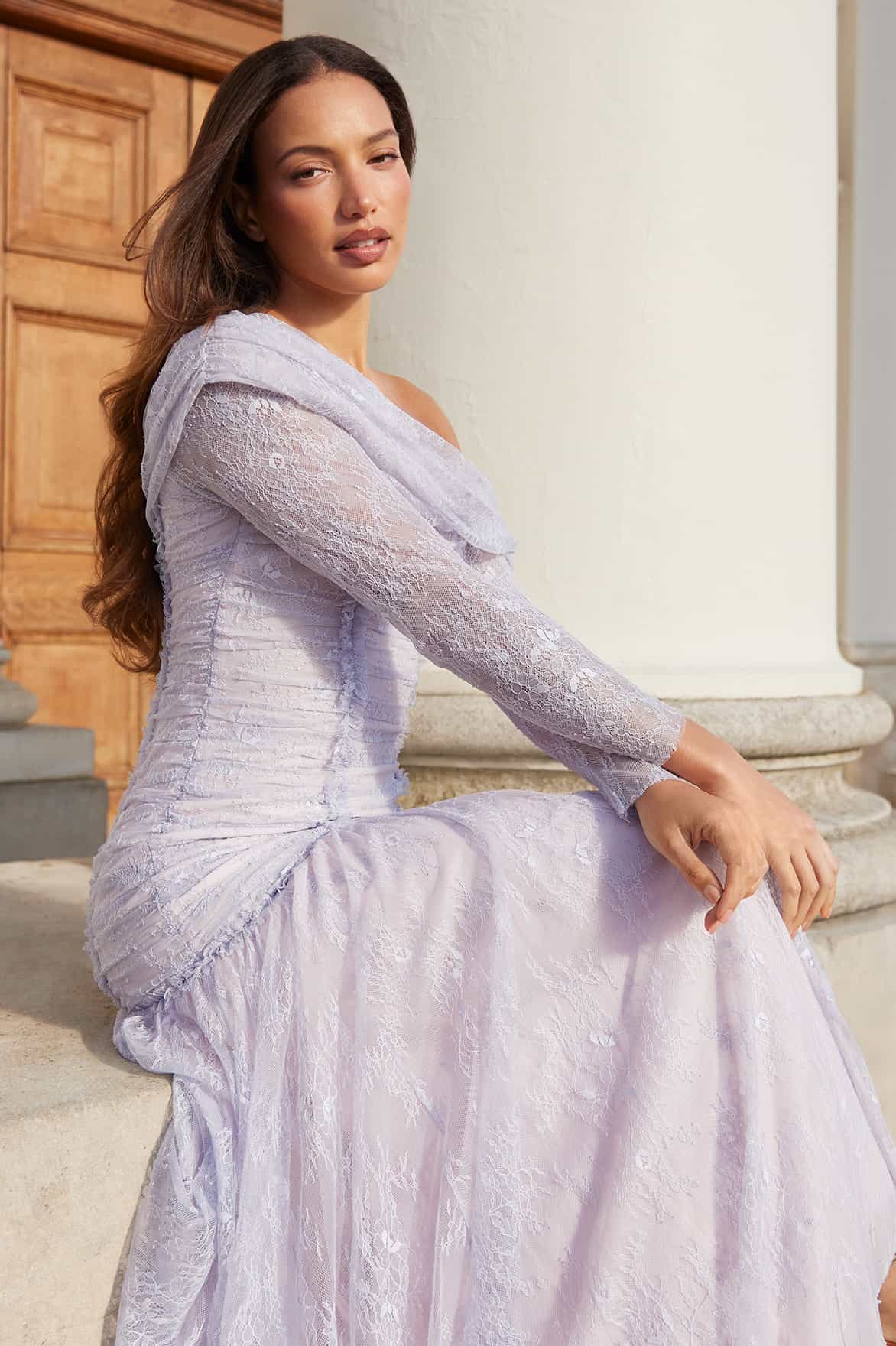 Gigi Lace One-Shoulder Rouched Gown - Image 7