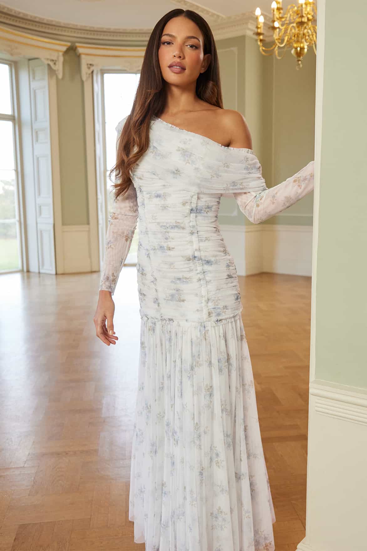 Magnolia Ditsy Gigi One-Shoulder Rouched Gown