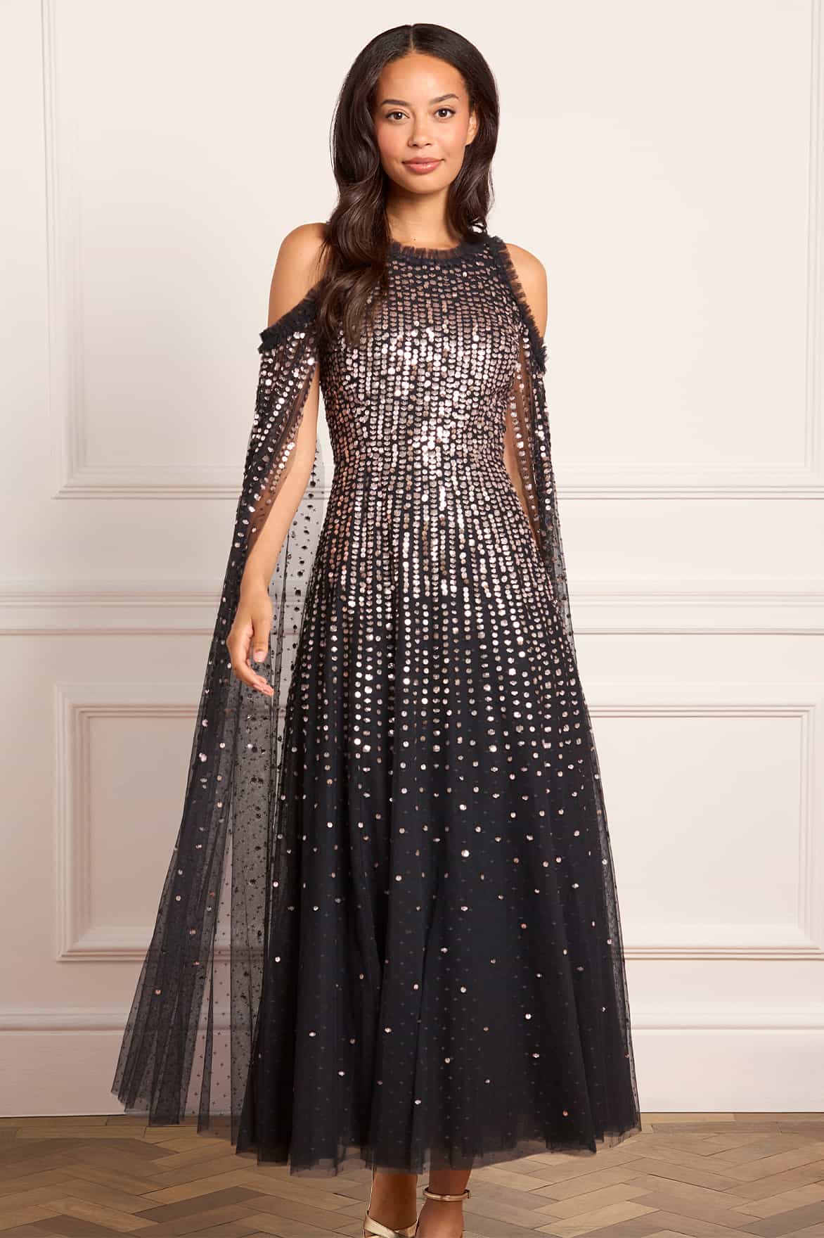 Moonlight Sequin Cape Sleeve Ankle Gown - Image 2