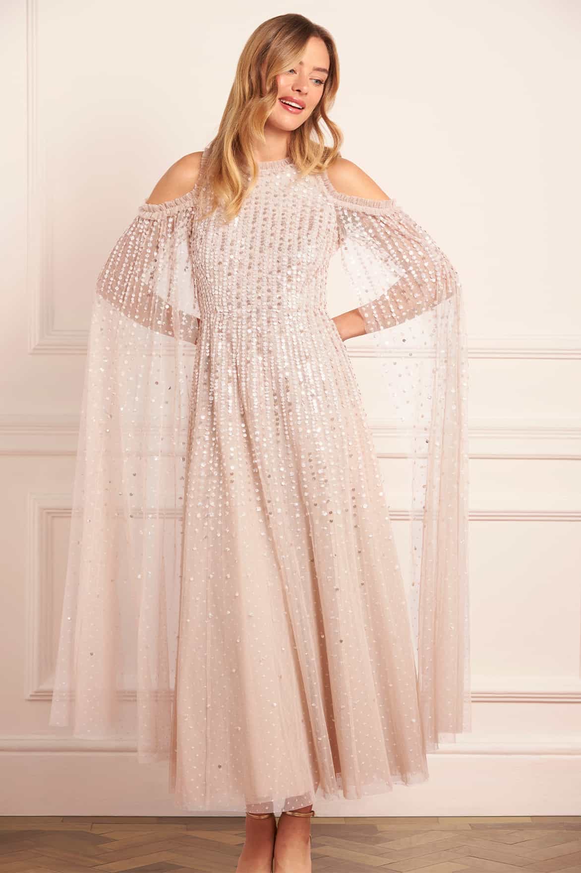 Moonlight Sequin Cape Sleeve Ankle Gown - Image 2
