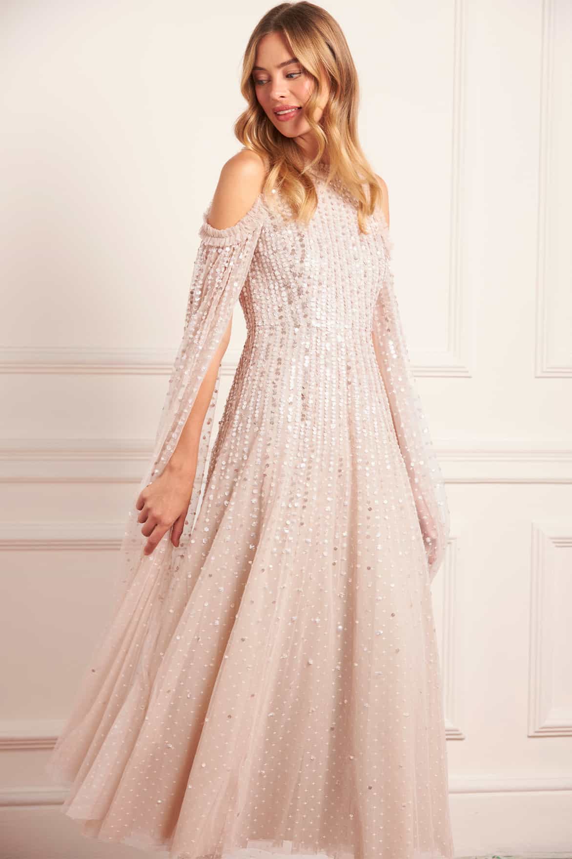 Moonlight Sequin Cape Sleeve Ankle Gown - Image 4