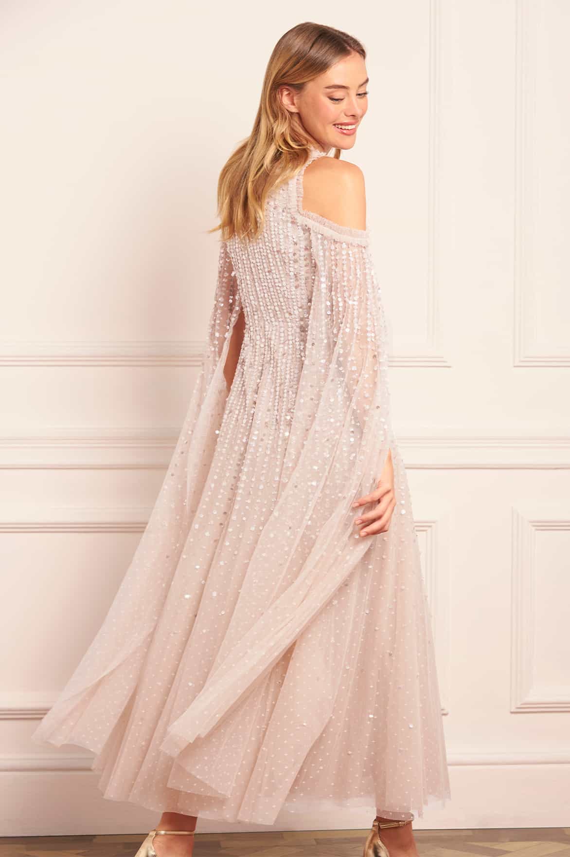 Moonlight Sequin Cape Sleeve Ankle Gown - Image 7