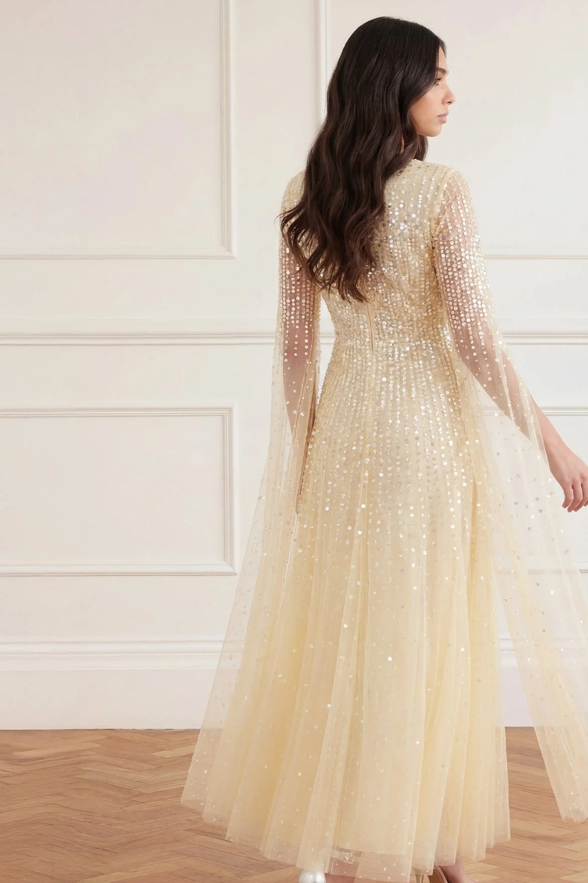 Moonlight Sequin V-Neck Cape Sleeve Ankle Gown - Image 4