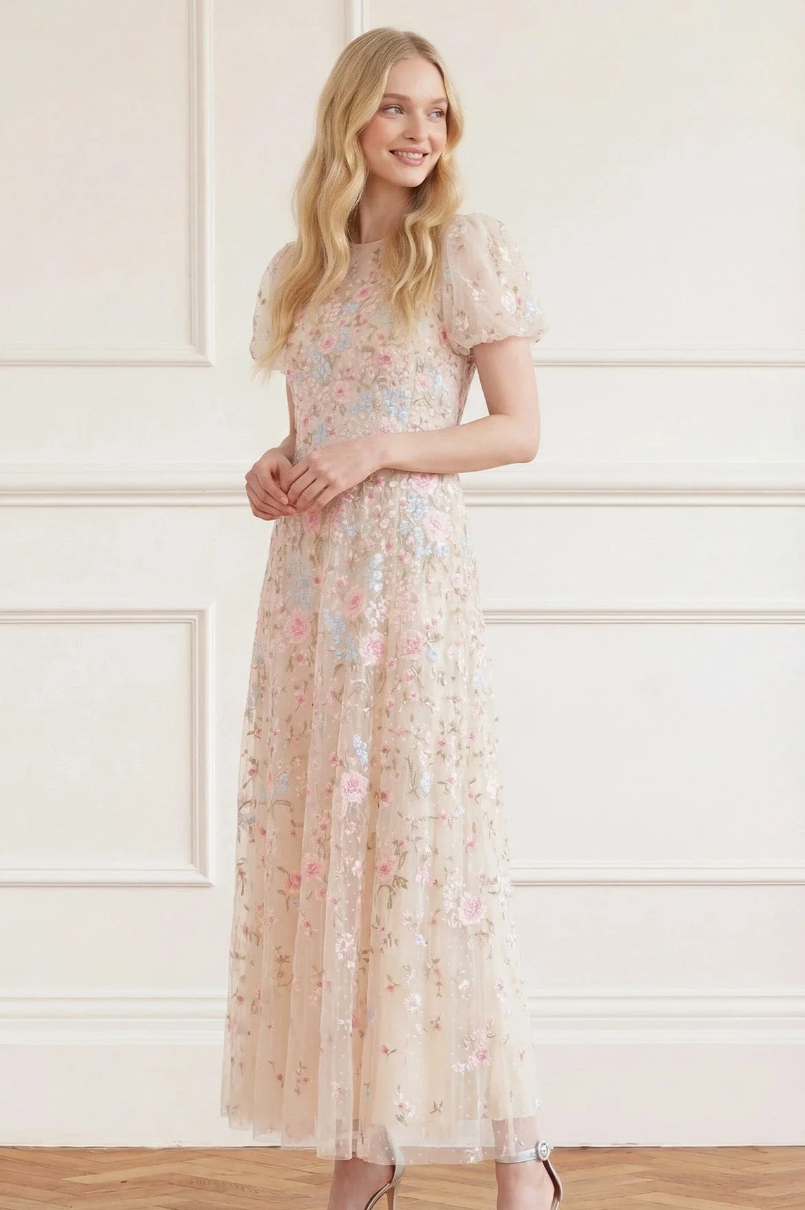 Peony Bouquet Round Neck Ankle Gown - Image 4