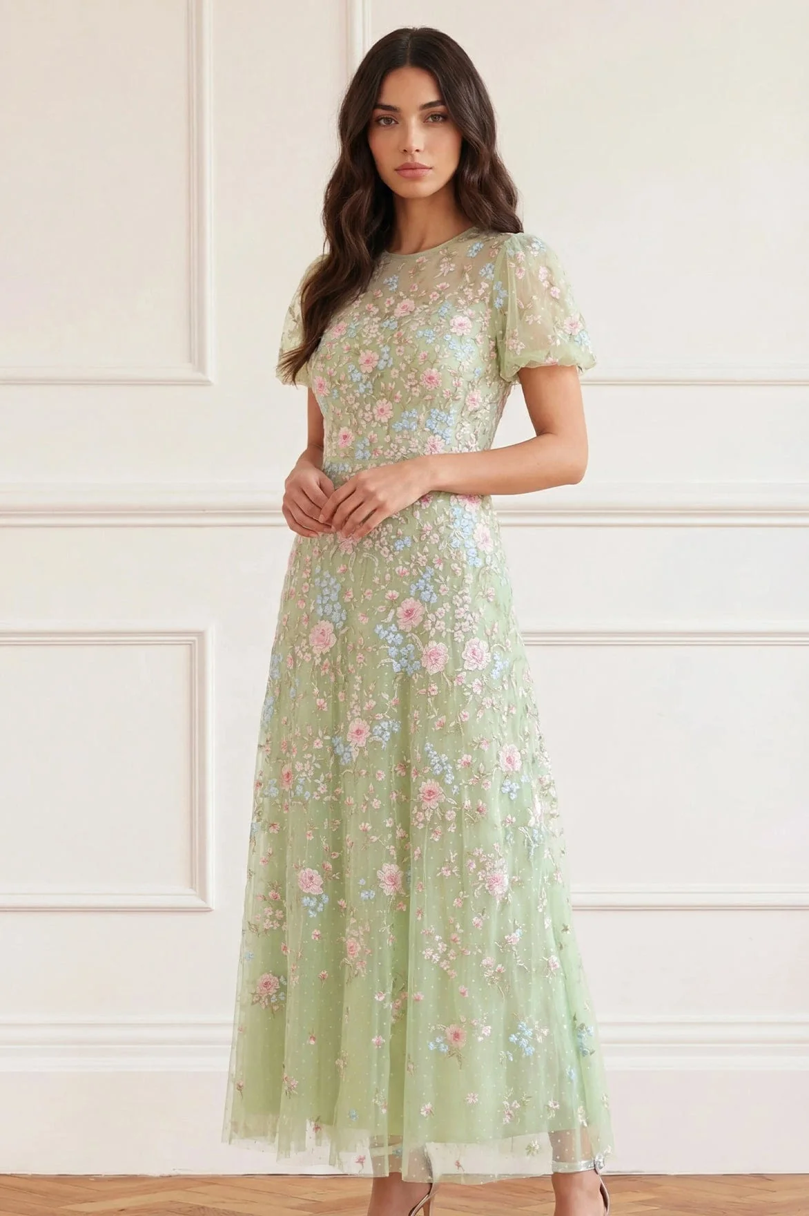 Peony Bouquet Round Neck Ankle Gown - Image 4