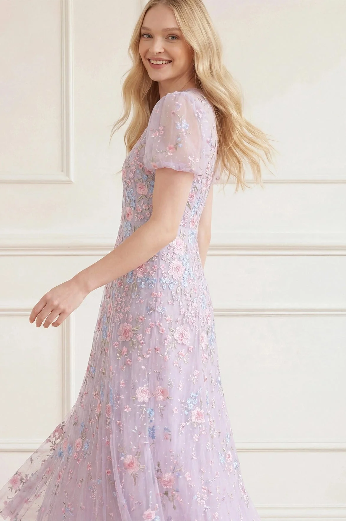 Peony Bouquet Round Neck Ankle Gown - Image 4