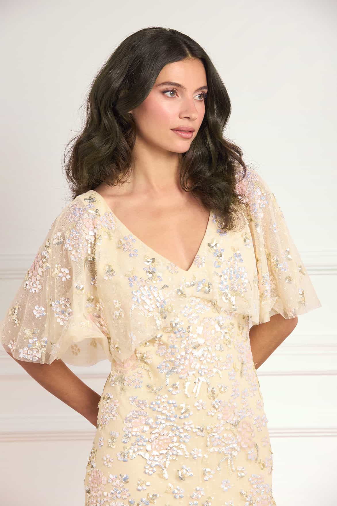 Peony Bouquet Sequin V-Neck Cape Gown - Image 3