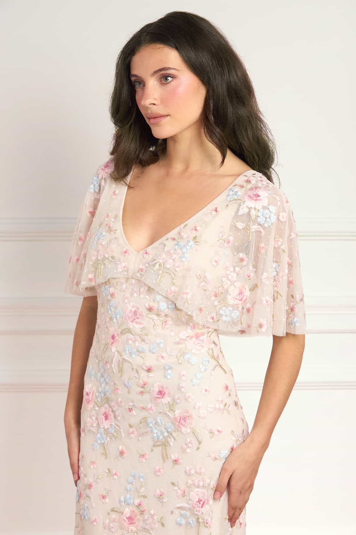 Peony Bouquet V-Neck Cape Gown - Image 4