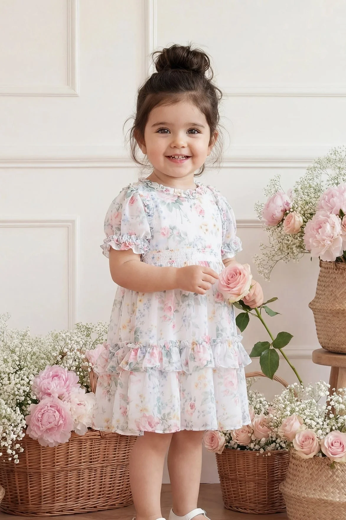 Pompadour Garden Chiffon Smocked Baby Dress