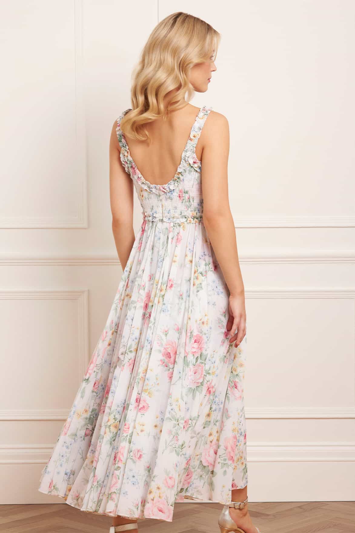 Pompadour Garden Chiffon Smocked Cami Ankle Gown - Image 5