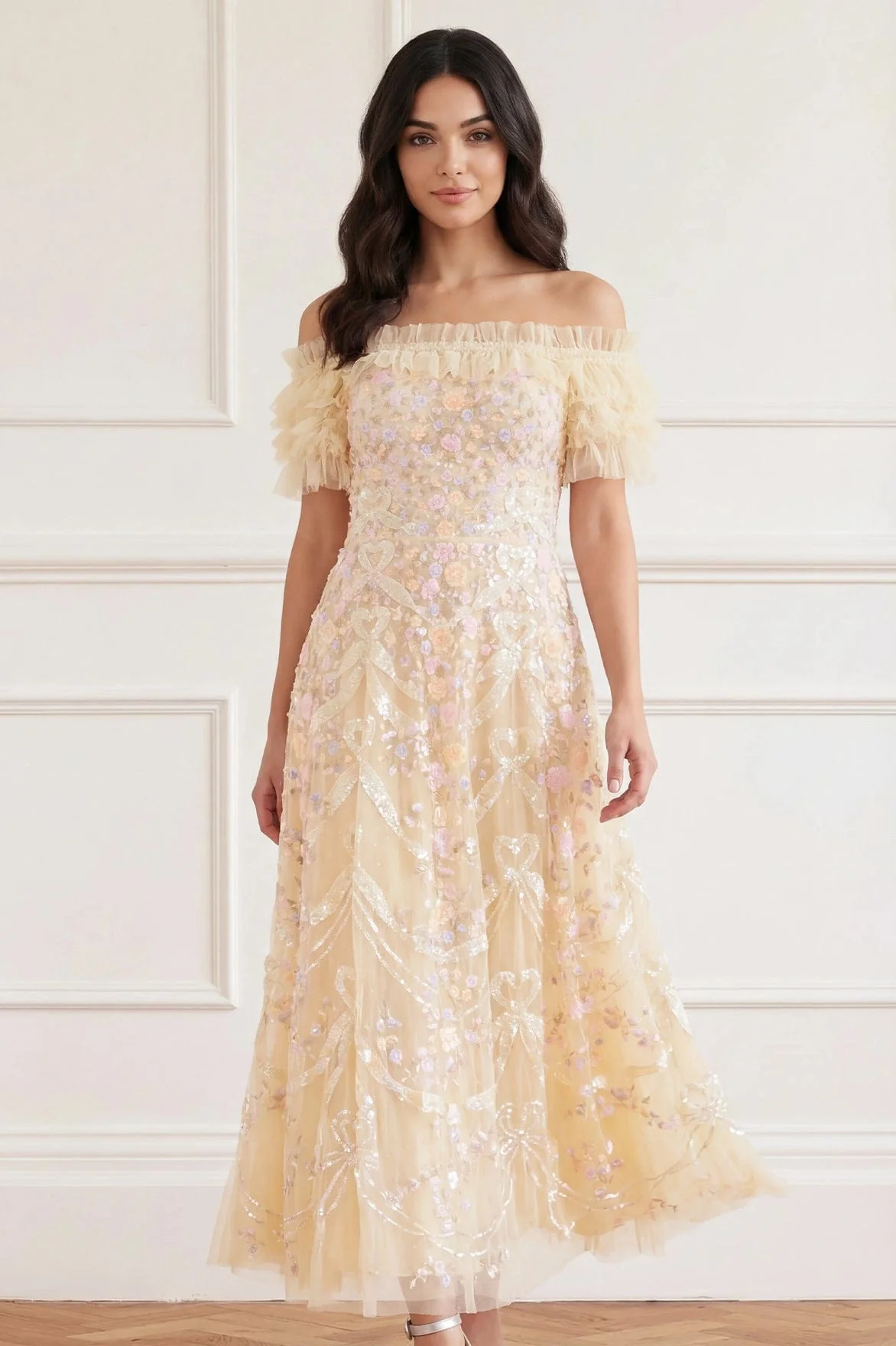 Ribbon Heart Off-Shoulder Ankle Gown