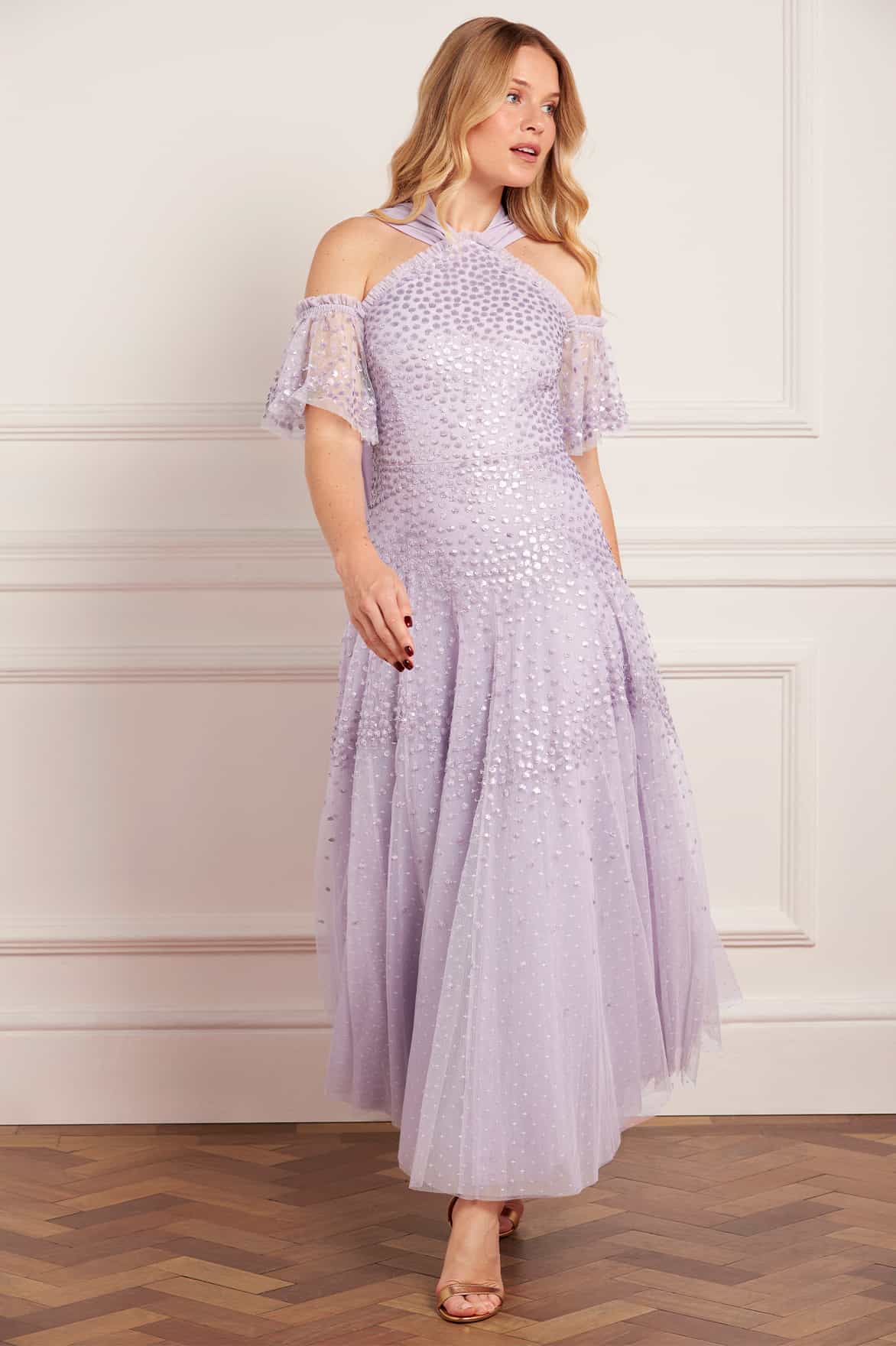 Scallop Sequin Halter-Neck Ankle Gown - Image 3