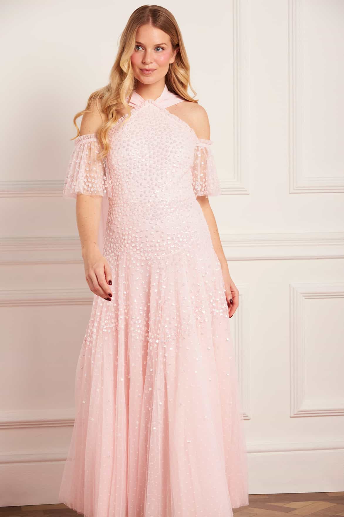 Scallop Sequin Halter-Neck Ankle Gown - Image 3