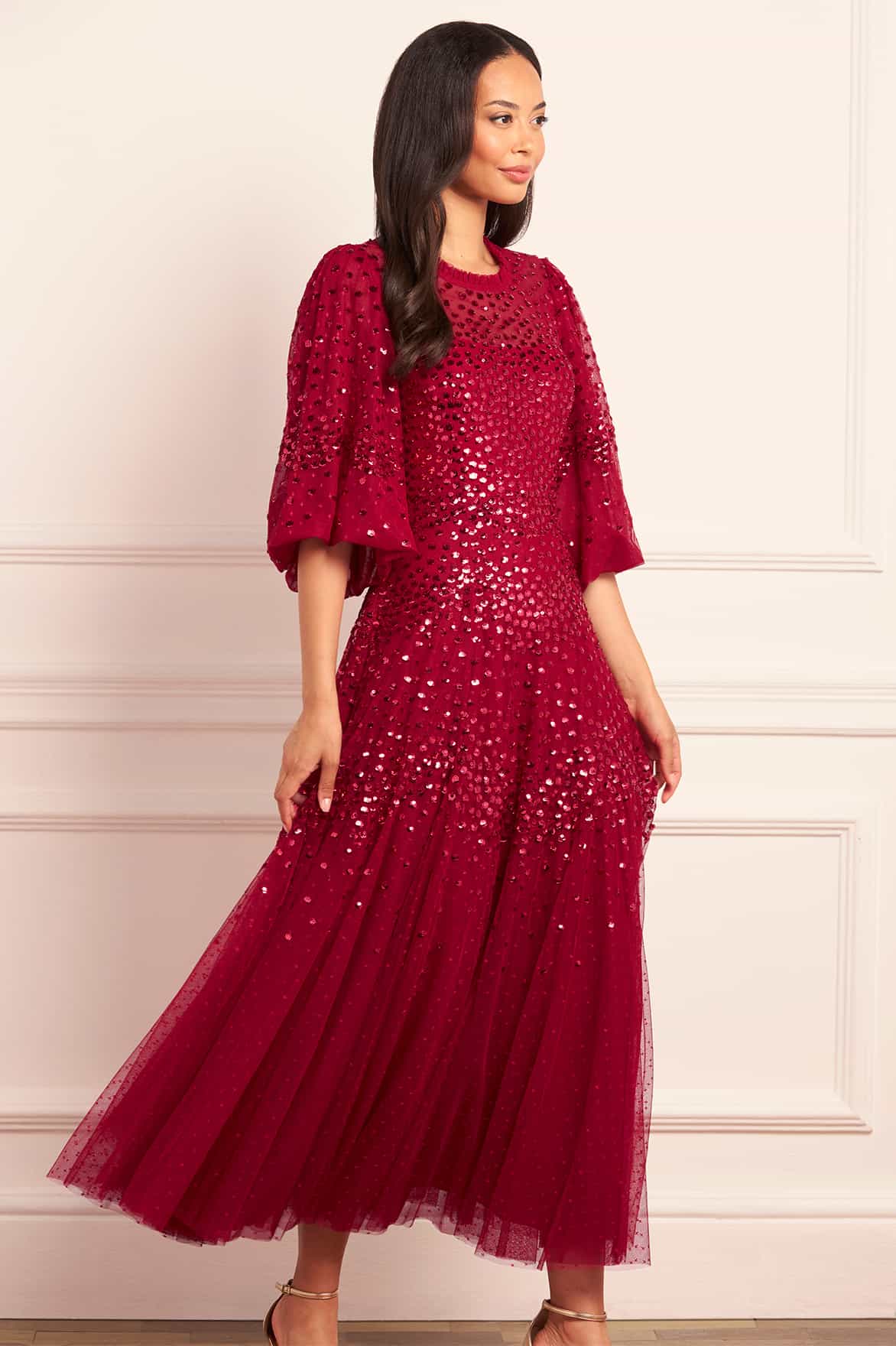 Scallop Sequin Round Neck Ankle Gown - Image 2