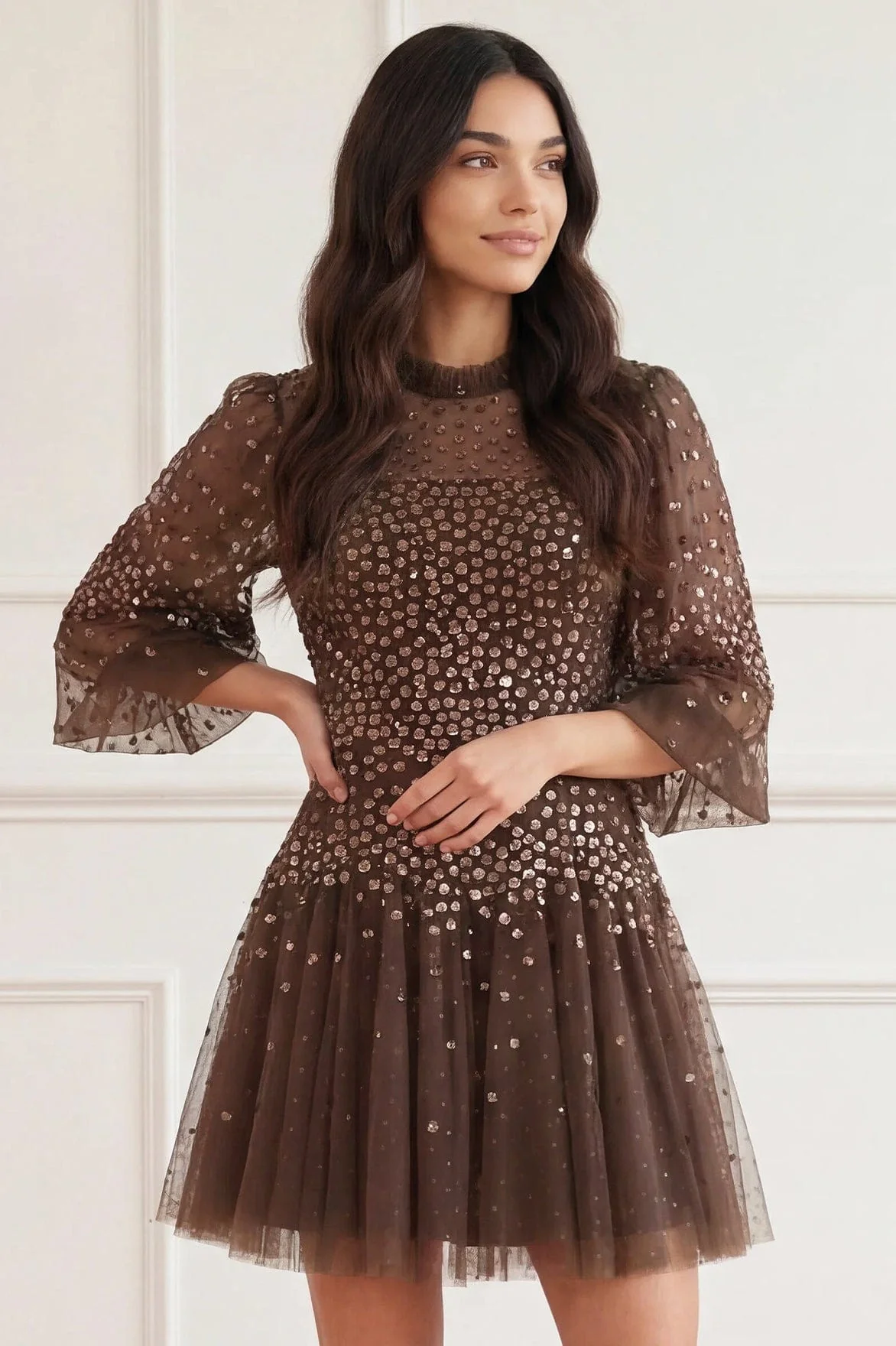 Scallop Sequin Round Neck Micro Mini Dress - Image 2