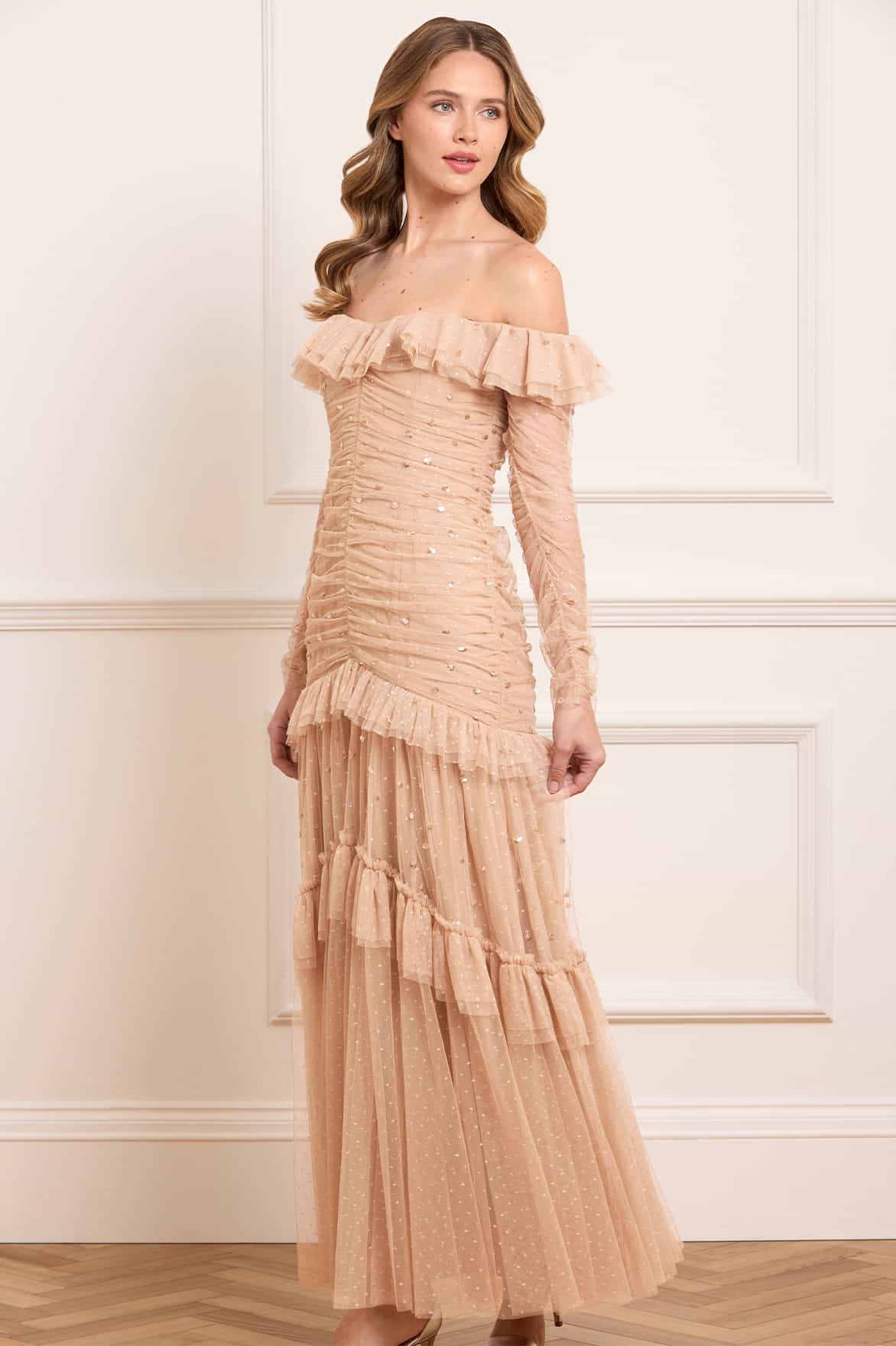 Sequin Glimmer Rouched Off-Shoulder Gown - Image 2