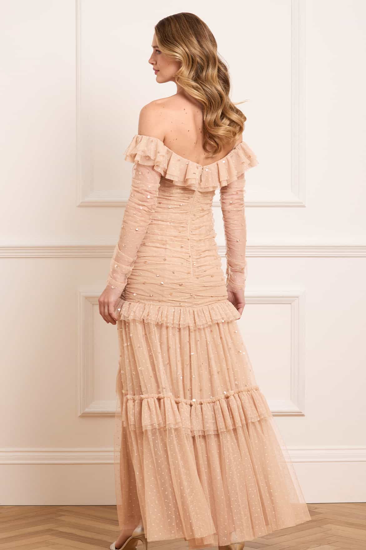 Sequin Glimmer Rouched Off-Shoulder Gown - Image 6