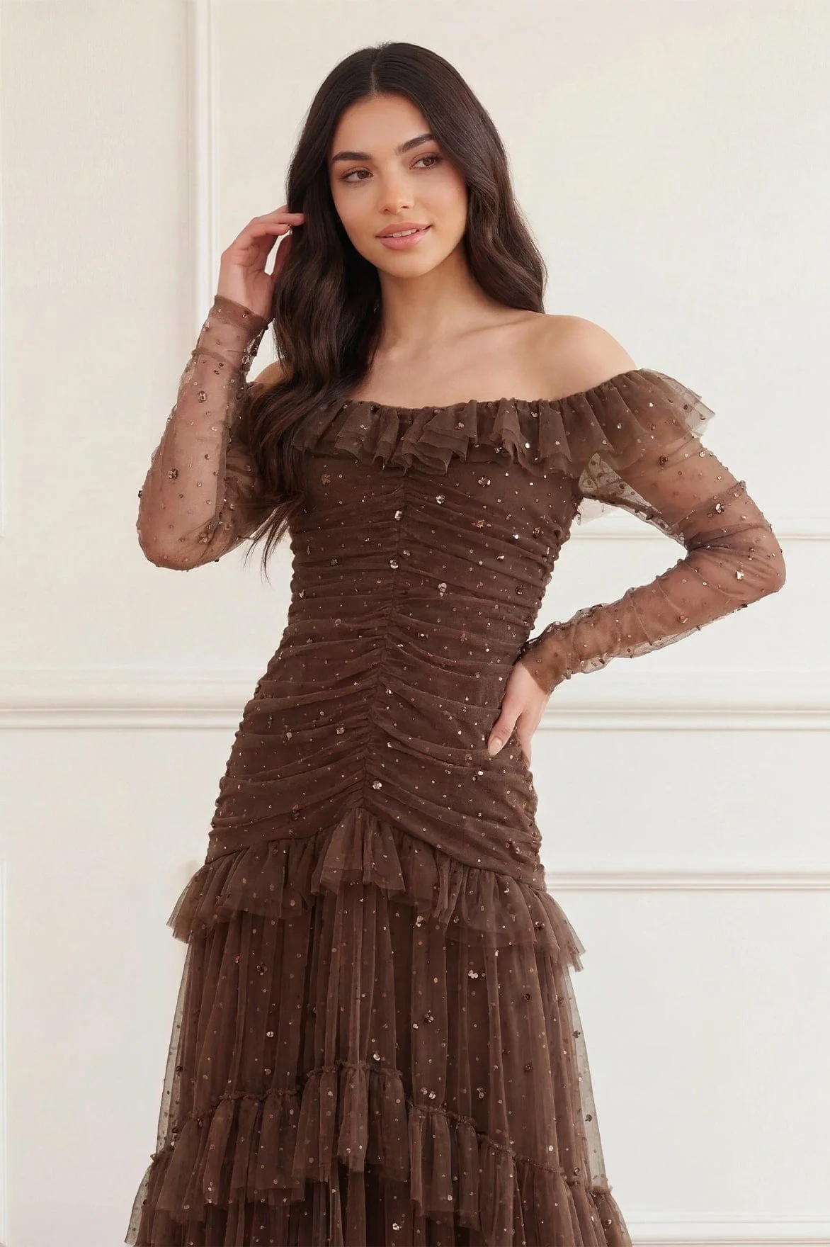 Sequin Glimmer Rouched Off-Shoulder Gown - Image 3