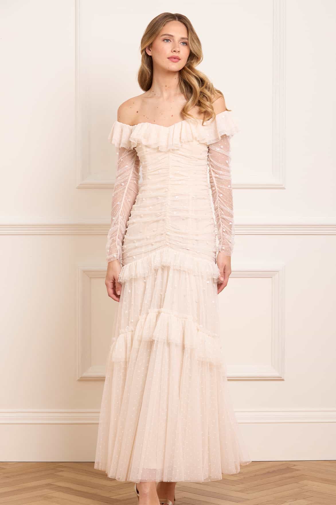 Sequin Glimmer Rouched Off-Shoulder Gown - Image 2