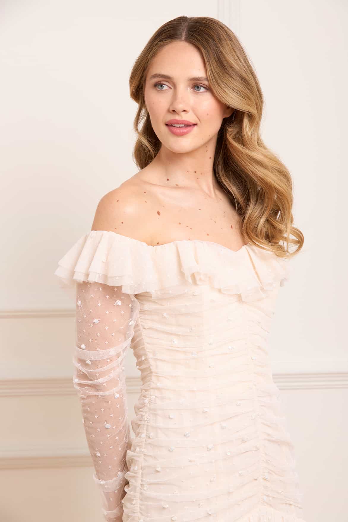 Sequin Glimmer Rouched Off-Shoulder Gown - Image 4