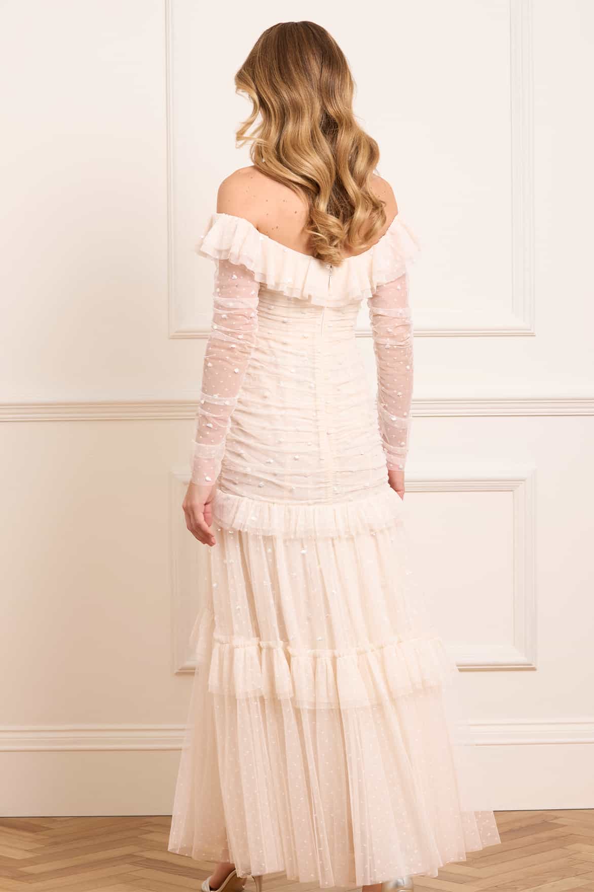 Sequin Glimmer Rouched Off-Shoulder Gown - Image 6