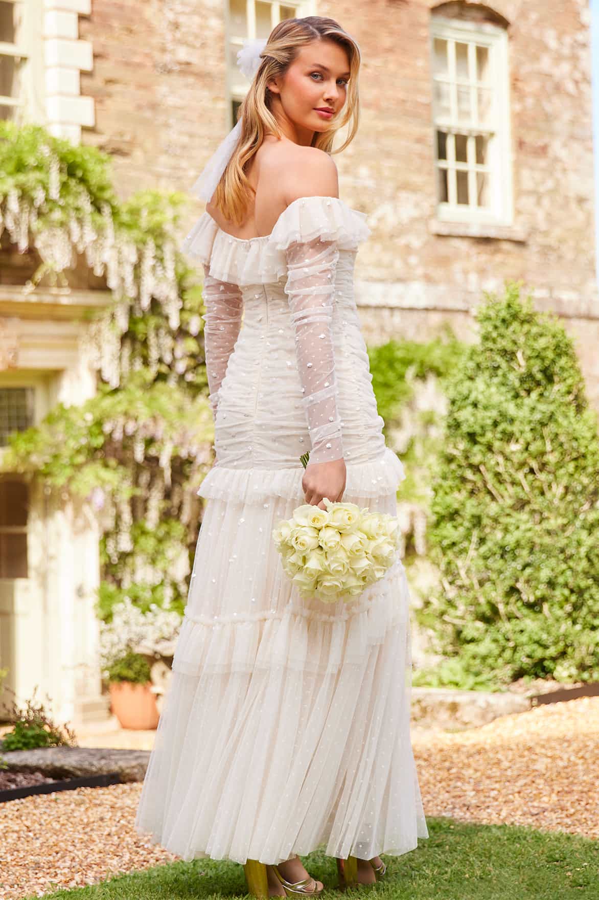 Sequin Glimmer Rouched Off-Shoulder Gown - Image 7