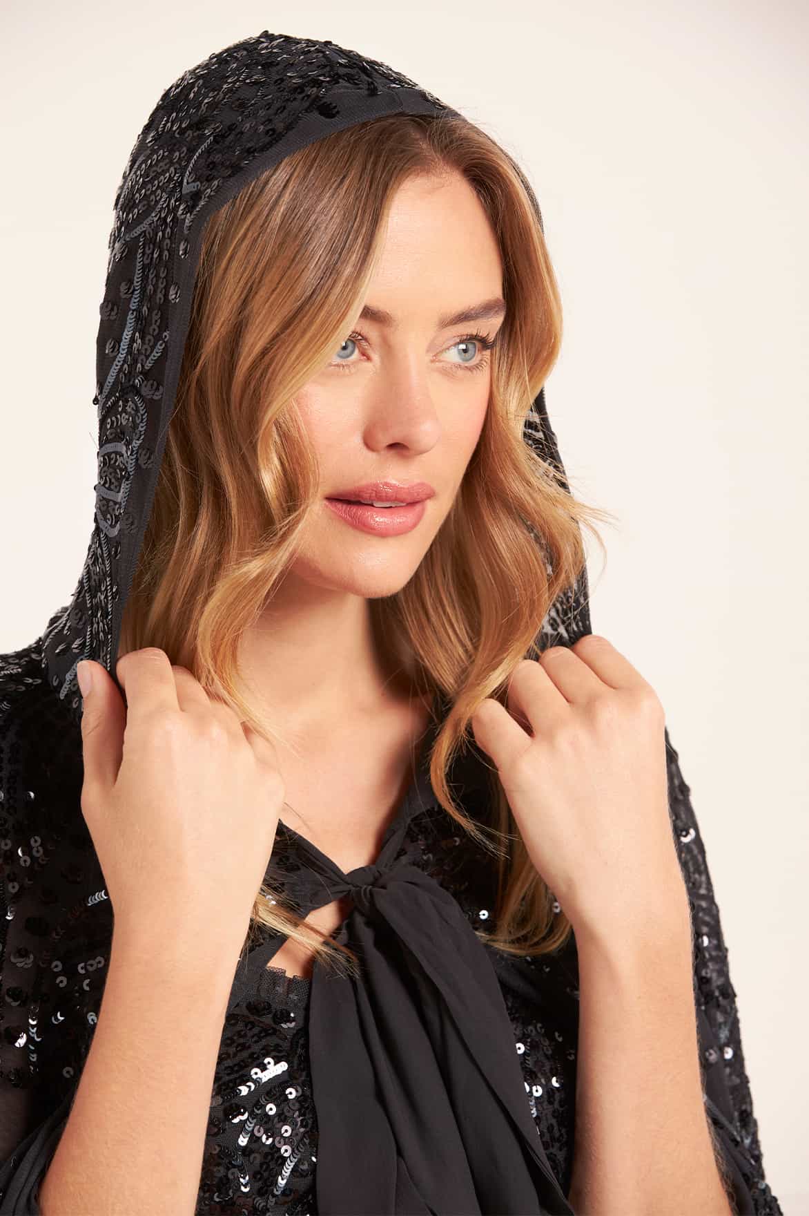 Sequin Ribbon Hooded Cape - Image 4