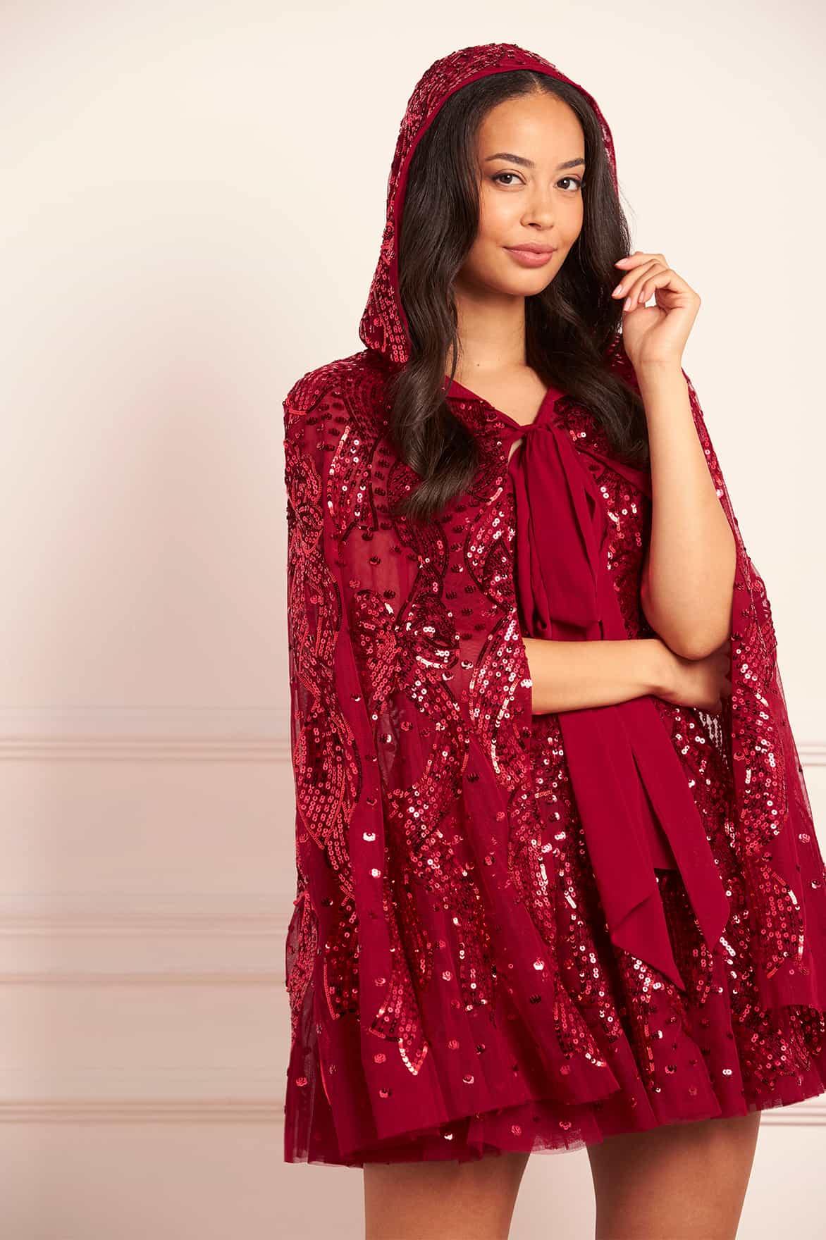 Sequin Ribbon Hooded Cape - Image 4