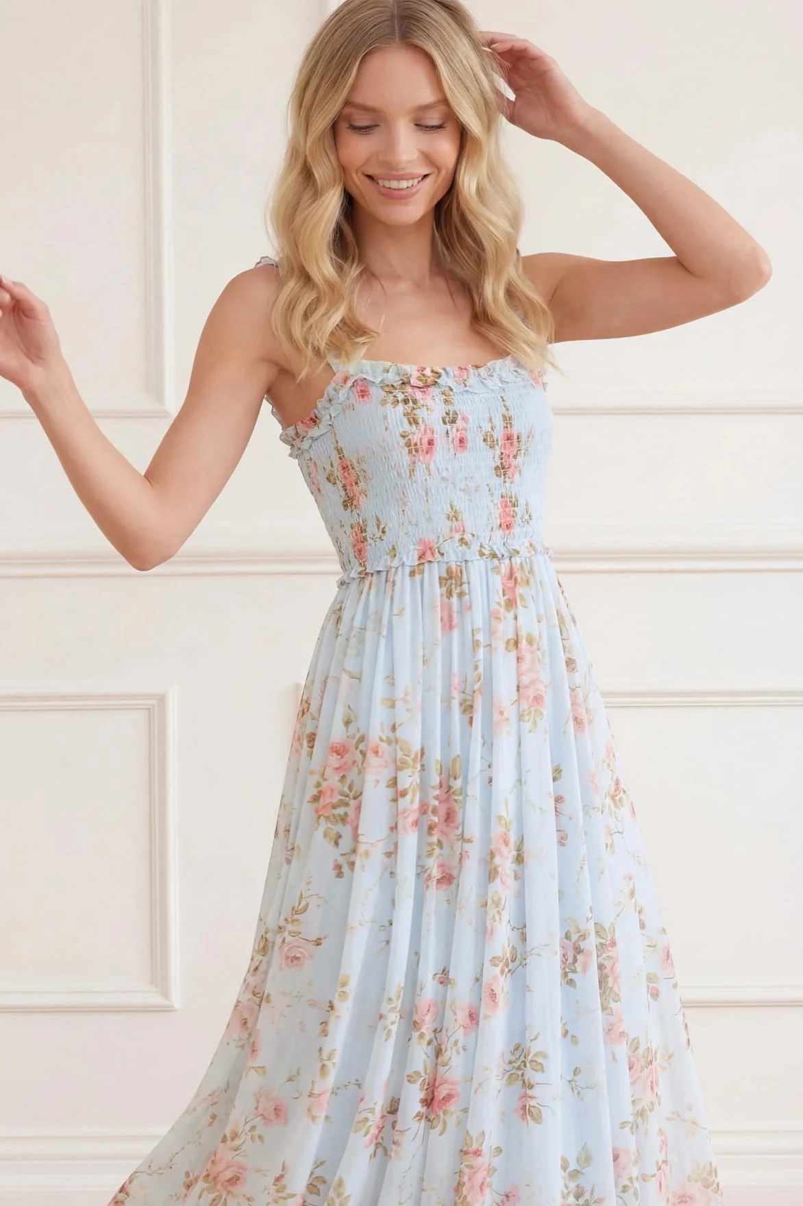 Summer's Rose Chiffon Smocked Cami Ankle Gown - Image 4