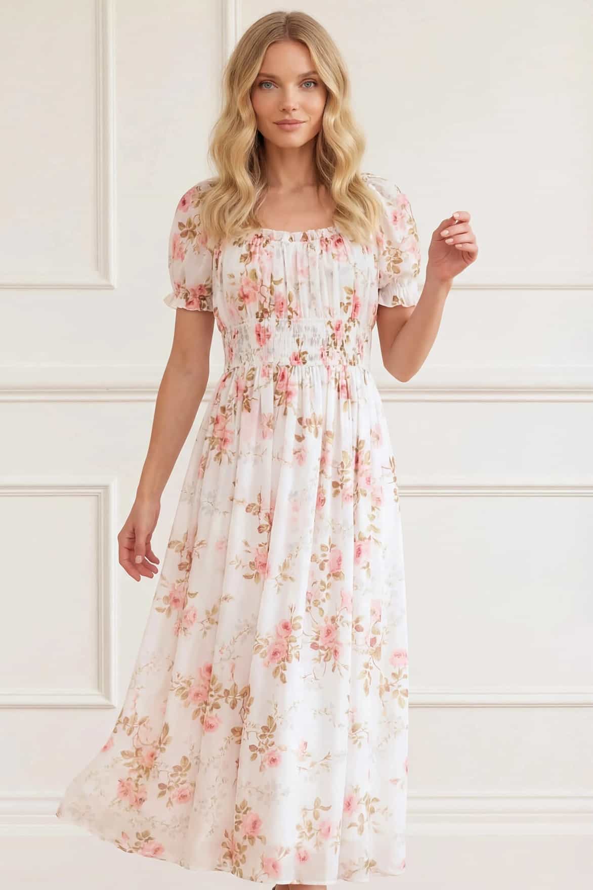 Summer's Rose Shirred Short Sleeve Ballerina Dress - Image 3