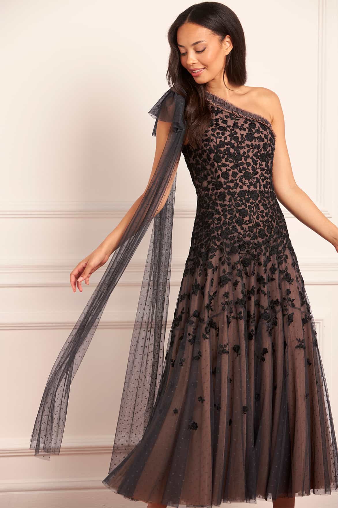 Sylvia Rose One-Shoulder Bow Ankle Gown - Image 3